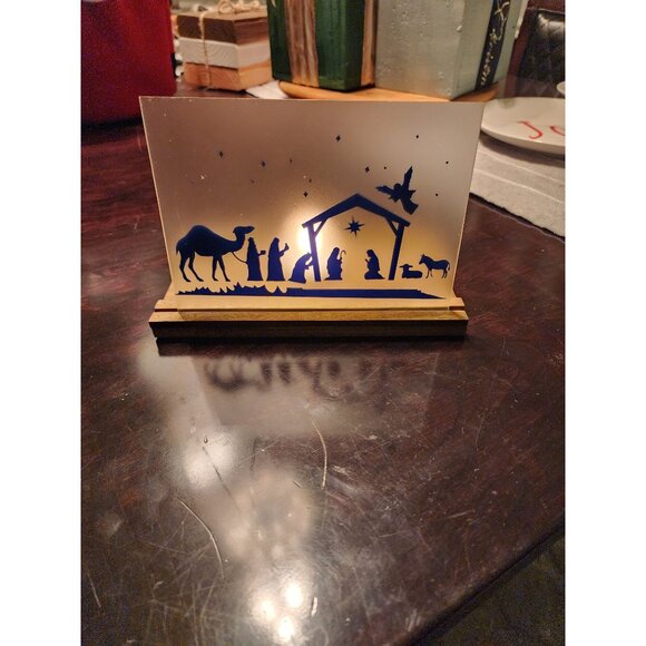 Nativity Silhouette Glass Candle Holder With Wooden Base - Picture 6 of 7